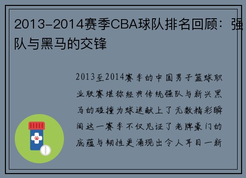 2013-2014赛季CBA球队排名回顾：强队与黑马的交锋